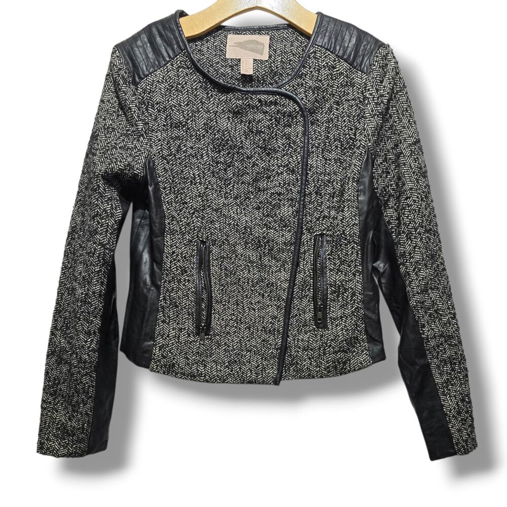 Forever 21 Contemporary women's Herringbone Faux Leather Trim Moto Jacket